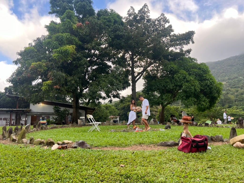 A grassy outdoor area surrounded by large trees and mountains, with stones arranged in a circular pattern on the ground. Two people walk near the center, while others sit or stand in the background. A small building is visible to the left.