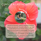 Graphic featuring a large red hibiscus flower background with a circular photo of Dr. Daniella Olan kneeling outdoors, surrounded by greenery. Text reads ‘Conoce a las facilitadoras’ and ‘Dra. Daniella Olan.’ Below, a Spanish paragraph describes her as a pharmacist, herbalist, and founder of Petra Aroma, a wellness brand in Borikén that creates botanical oils to honor ancestral knowledge, self-care rituals, and collective well-being